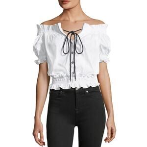 Caroline Constas Off the Shoulder Cropped Peasant Ruffle Top Milkmaid Blouse